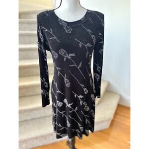 Vintage Y2K 90s Ronni Nicole Black Ribbed Sparkly Glitter Silver Rose Dress